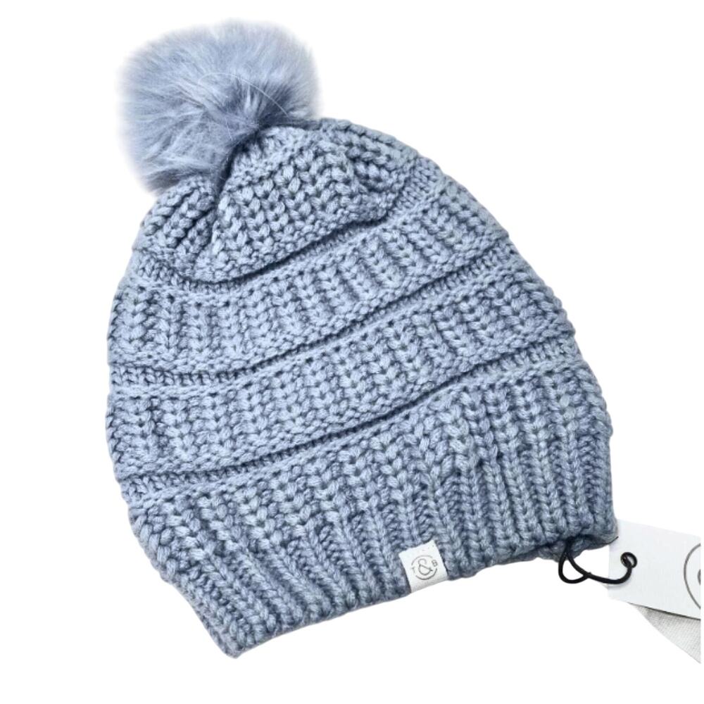 Treasure & Bond Chunky Knit Acrylic Faux Fur Pom Pom Beanie Hat Blue Winter New